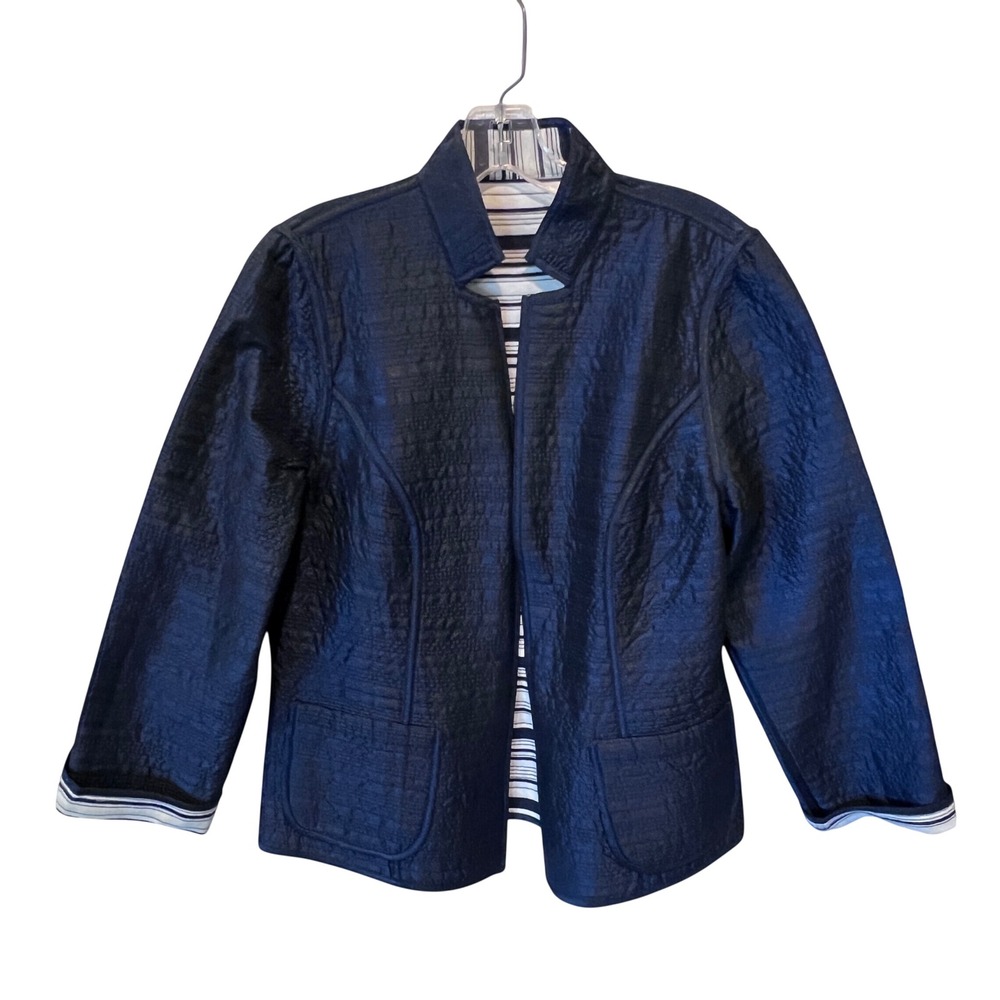 Reversible Navy Blue & Striped Open Front quilted Jacket Women Large (READ)